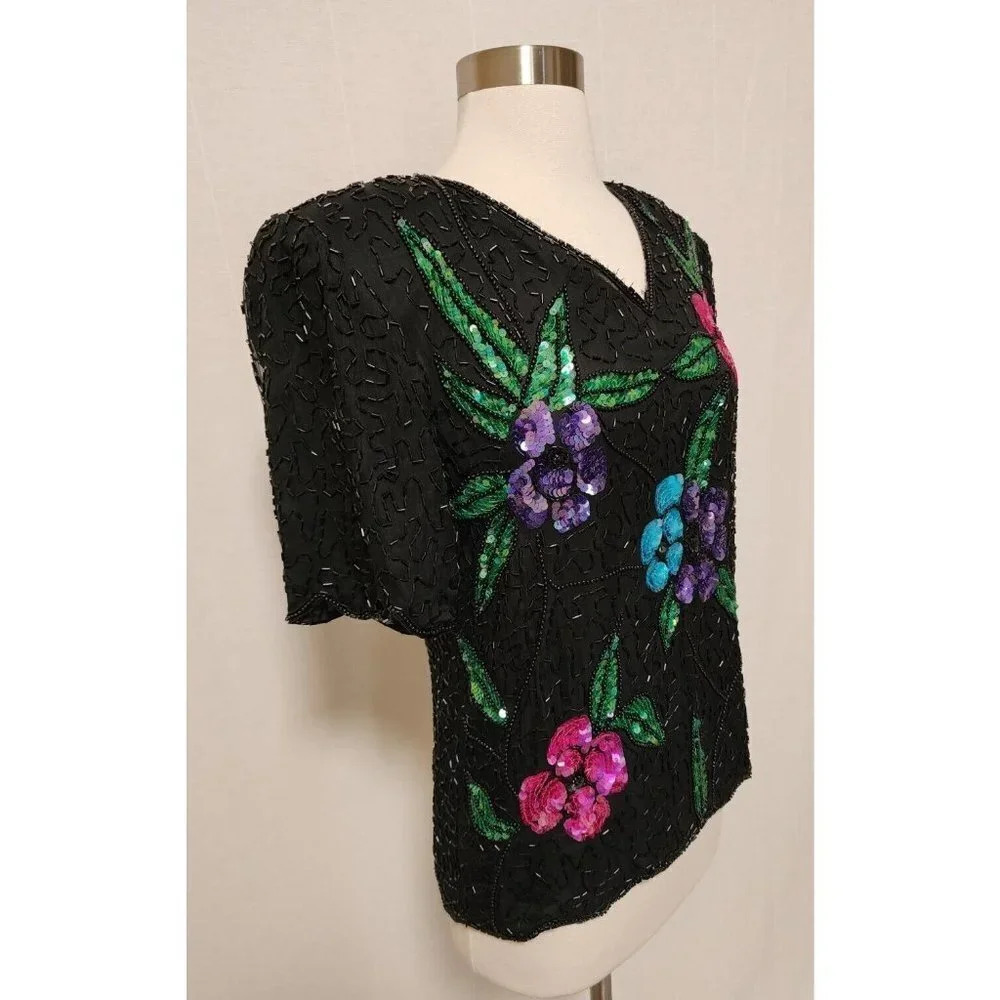 Womens 90s Vintage Stenay Fully Sequin Beaded‎ Blouse Size Small Flowers Black - Picture 3 of 8